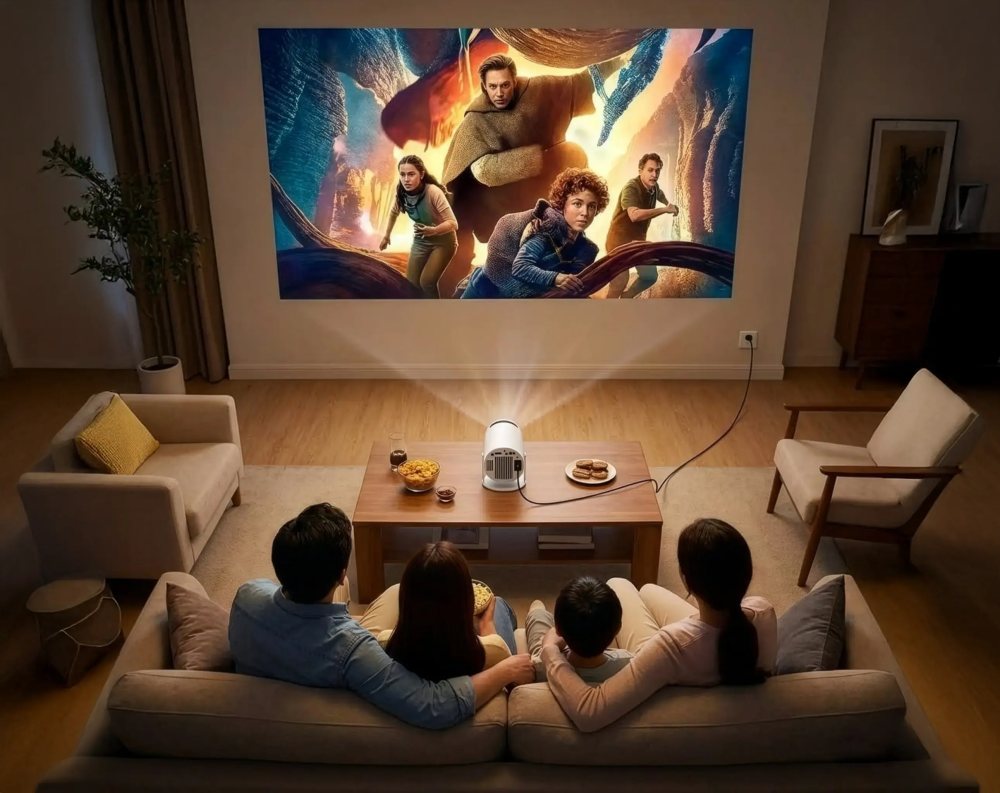 Family on a couch watching a big projected movie picture on the living room wall